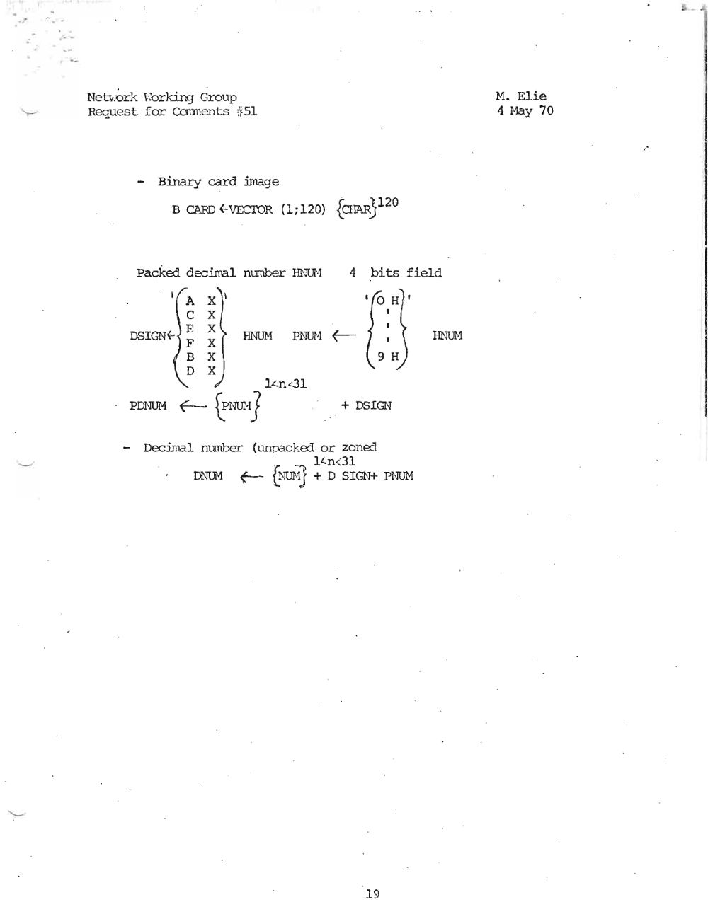 Page 19: . . ~
. .
Netv.:ork ~·;orkilXJ Group
Request for Ccmnents #51
H. Elie
4 .I-1a y 70
"
Binary card image
B CARD (-VEX:TOR (1; 120) {CHAR}120
packed dec.irrB.l number ffiU ·1 4 bits field
X
X HNUH PN1JI·1 f- HNUH
x
.::~~'X
X
X
1£.n.:31
. PDNUH f-- ~NL"r-t} + DSIGN
_ . Decimal mmber (unpacked or zoned
_ lL..n<31
DNU1 f-- {i-roi.1] + D SIGN+ PNUM
- I
19