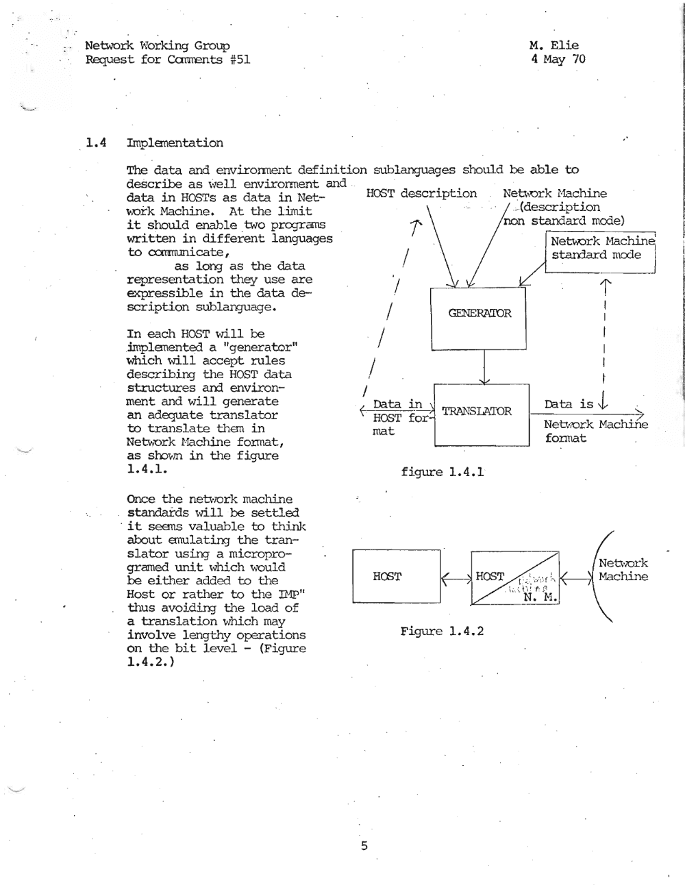 Page 5: .' ~
Network ~'Jorking Group M. E1ie
Request for Caments #51 4 May 70
"1.4 Irnplenentation
The data and environment definition sublanguages should be able to
describe as wel.L envirorment and
data in HOSTs as data in Net
,,"ork Machine. At the limit
it should enable .two programs
written in different languages
to a:mnunicate r .
as long as the data
representation they use are
expressible in the data de
scription sublanguage.
In each HOST will be
implenented a "generator"
which will accept rules
describing the HOST data
structures arrl environ
ment and will generate
an adequate translator
to translate than in
Netv.;ork Nachine format,
as sbown in the figure
1.4.1.
once the network machine
stanc1a.rds wi.Ll, be settled
. it seans valuable to think
about anulatin:] the tran
slator using a micropro
gramed unit which would
be either added to the
Host or rather to the nIP"
thus avoiding the load of
a translation whi.ch may
involve lengthy operations
on the bit level - (Figure
1.4.2. )
HOST description Neu\:ork Hac1'ine
• (description
standard mcx1e)non
r Netv.ork Hachin~
starrlard mode I/
I i
I
GENERATOR/ I
I
/
/ I
I
I
I rata is J,. ~ Data in \ TRANSLATOR I-------~
HOST for Neh?Ork Mach±ile
mat format
figure 1.4.1
HOOT
Figure 1. 4. 2
5